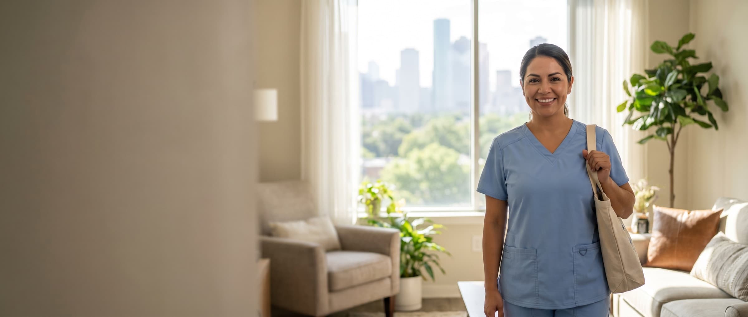 A Central Home Health caregiver in a Houston-area home, the city skyline visible through the window