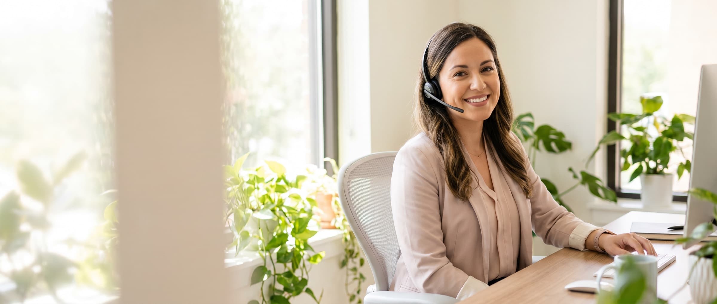 A friendly Central Home Health team member with a headset, ready to help at a bright Houston office
