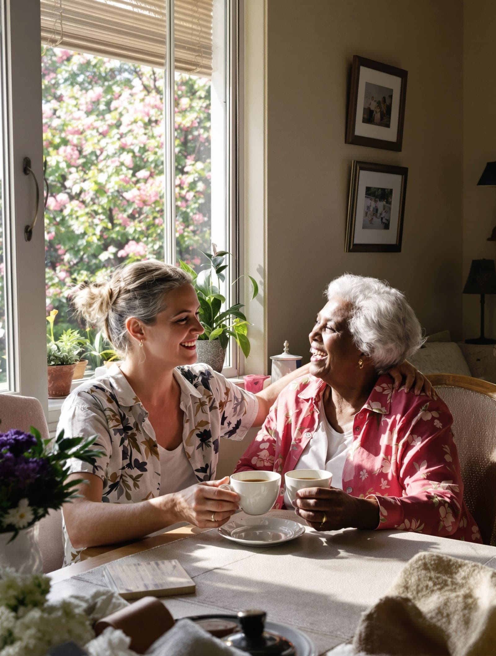 A Central Home Health caregiver and an older client sharing a warm moment over tea at home