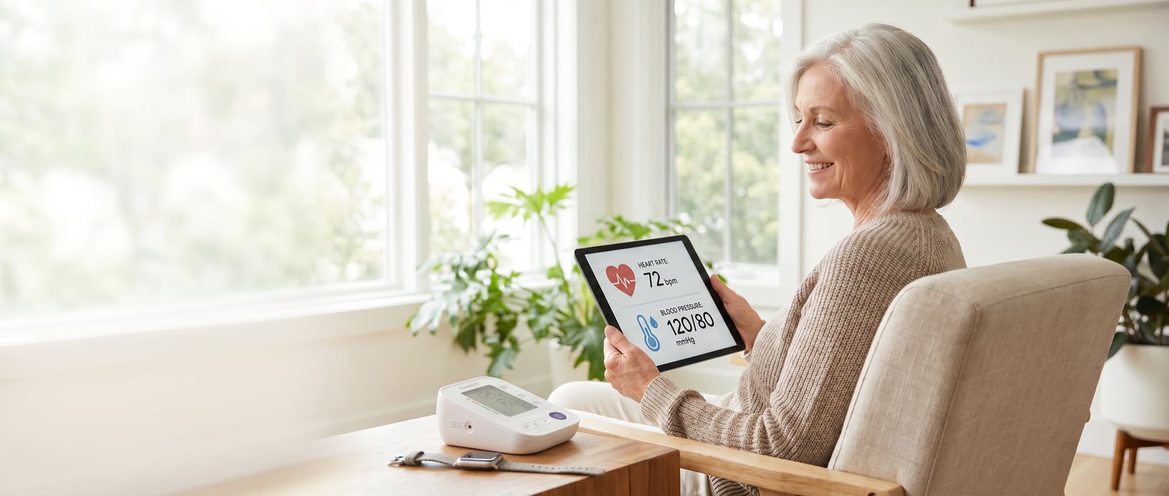 An older woman at home reviewing her heart rate and blood pressure on a tablet, a home monitor on the side table