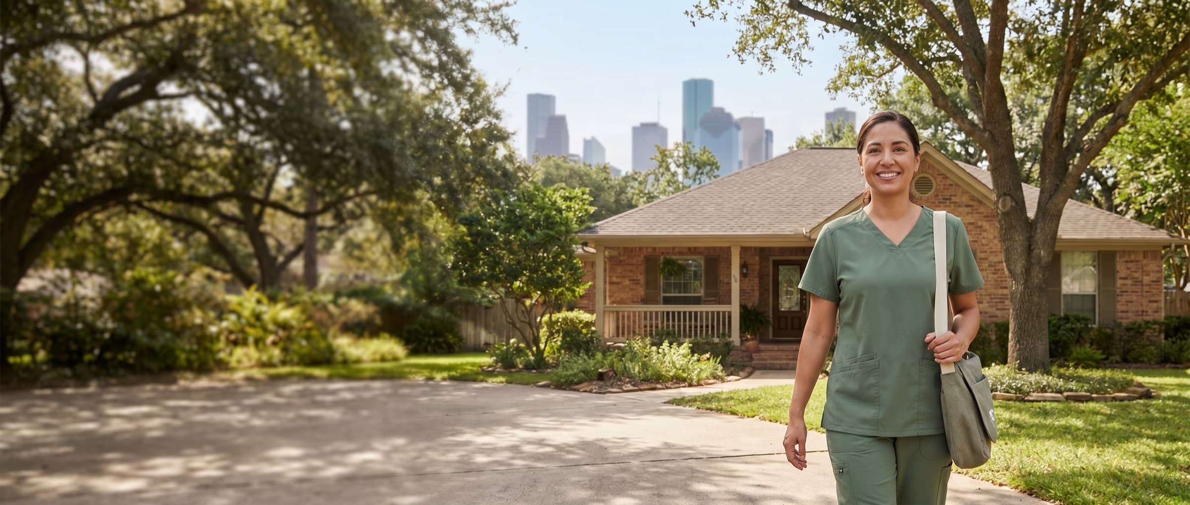 A Central Home Health caregiver arriving at a Houston-area home, the downtown skyline in the distance