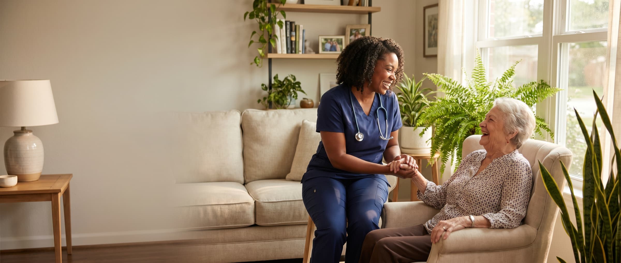 A Central Home Health nurse caring for a smiling older patient in a sunlit Houston living room
